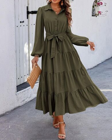 dowerme Women's Fall Dresses 2024 Long Sleeve V Neck Button Down Belted A-Line Flowy Ruffle Maxi Shirt Dress with Pocket in Kuwait