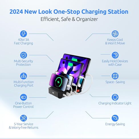 Fast & Safe Charging Station for Multiple Devices - 4 Fast Port - PD 20W & QC 3.0 - Compatible with All USB Devices - Family Charging Organizer - UL & FCC Certification - Purple in Saudi Arabia
