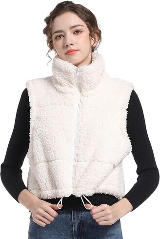 V VOCNI Womens Sherpa Fleece Vest Fuzzy Crop Vest Casual Sleeveless Jacket Zipper Waistcoat Outwear in Kuwait