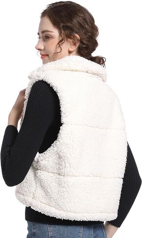 V VOCNI Womens Sherpa Fleece Vest Fuzzy Crop Vest Casual Sleeveless Jacket Zipper Waistcoat Outwear in Kuwait