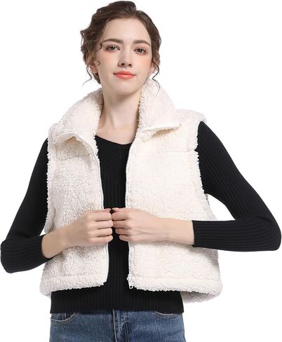 V VOCNI Womens Sherpa Fleece Vest Fuzzy Crop Vest Casual Sleeveless Jacket Zipper Waistcoat Outwear in Kuwait