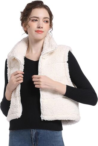 V VOCNI Womens Sherpa Fleece Vest Fuzzy Crop Vest Casual Sleeveless Jacket Zipper Waistcoat Outwear in Kuwait