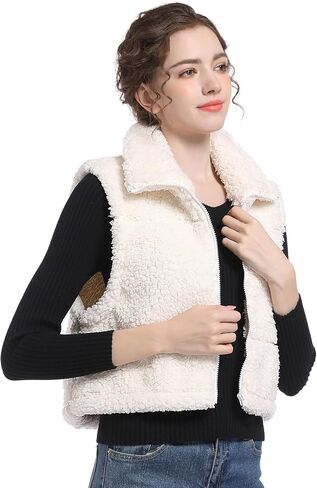 V VOCNI Womens Sherpa Fleece Vest Fuzzy Crop Vest Casual Sleeveless Jacket Zipper Waistcoat Outwear in Kuwait
