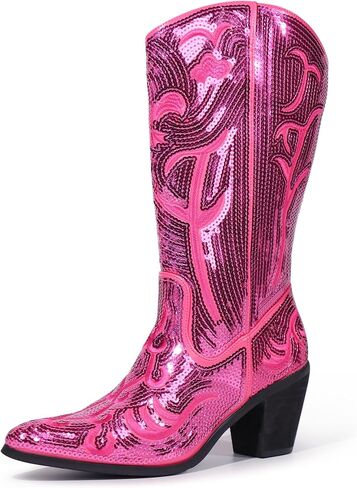 Hawkwell Women's Sequin Mid Calf Western Cowboy Boots Wide Calf High Fashion Zipper Pointed Toe Embroidered Tall Cowgirl Boots in Saudi Arabia