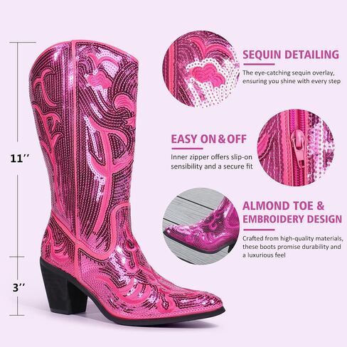Hawkwell Women's Sequin Mid Calf Western Cowboy Boots Wide Calf High Fashion Zipper Pointed Toe Embroidered Tall Cowgirl Boots in Saudi Arabia