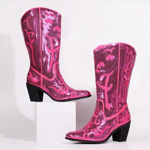 Hawkwell Women's Sequin Mid Calf Western Cowboy Boots Wide Calf High Fashion Zipper Pointed Toe Embroidered Tall Cowgirl Boots in Saudi Arabia