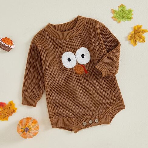 Thanksgiving Baby Girl Boy Outfit Long Sleeve Turkey Knit Sweater Romper Crewneck Pullover Sweatshirt Fall Clothes in Kuwait