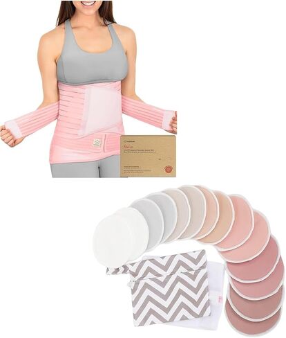 KeaBabies 3 in 1 Postpartum Belly Support Recovery Wrap and Reusable Nursing Pads Bundle - Pregnancy Belly Support Band (Blush Pink, One Size) - 4-Layers Nursing Pads (Lovelle, XL) in Saudi Arabia