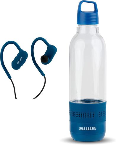 Aiwa Water Bottle with Speaker and Earphone Bundle - 400ml Water Bottle with 4 Hour Playtime and Wireless Sports Earphones with Integrated Mic, 10 Hours Playtime for Workout, Camping and Hiking in Saudi Arabia