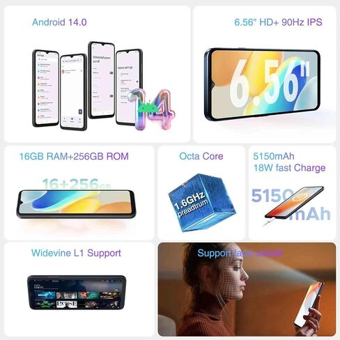 DOOGEE N55 Pro Unlocked Cell Phone, Android 14 Smartphone with 16GB RAM 256GB ROM, 6.56" HD+ 90Hz IPS Waterdrop Screen, Octa Core, 5150mAh, Dual SIM Unlocked Android Smartphone, Face Unlock,Dark Blue in Saudi Arabia