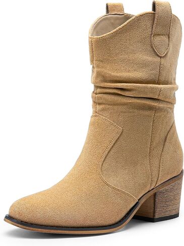 DREAM PAIRS Women's Modern Western Cowboy Boots, Mid Calf Round toe Chunky Heel Cowgirl Country Ankle Boots with Pull On Tabs in Saudi Arabia