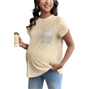 MakeMeChic Women's Maternity Tee Shirts Casual Glitter Sequin Petal Short Sleeve Round Neck Pregnancy Tee Tops
