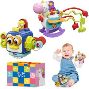 Montessori Toys for 1 Year Old & Toddler Toys, Travel Activities Busy Board Cube, Pull String Sensory Toys, Motor Skills Toys,Baby Gifts for 12 18 Month, Educational Learning Toys 2PCS