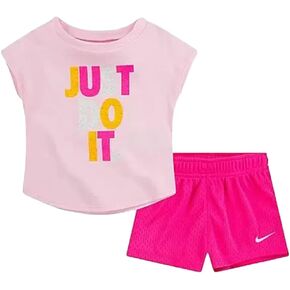 Nike JDI T-Shirt and Mesh Shorts Set Baby Girls Active Shirts & Tees Size 12M, Color: Pink/Yellow/Pink