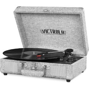 Victrola Vintage 3-Speed Bluetooth Portable Suitcase Record Player with Built-in Speakers | Upgraded Turntable Audio Sound| Includes Extra Stylus | Light Gray