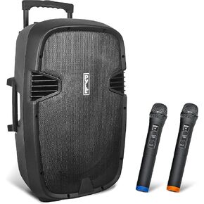 Pyle 1000 Watt, 12" Bluetooth PA مكبر صوت - داخلي / خارجي محمول مع (2) ميكروفونات لاسلكية UHF ، بطارية قابلة لإعادة الشحن، تسجيل صوت، قارئ USB/SD ، راديو FM (HP1235WMU)