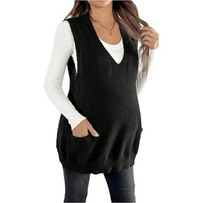 سترة حمل نسائية من MakeMeChic برقبة على شكل حرف V بدون أكمام وجيب محبوك بلوفرات للحمل