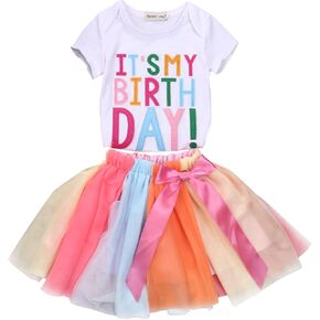 Toddler Baby Girl Birthday Outfit Letter Print Short Sleeve T-Shirt Skirt Clothes Set