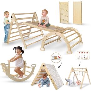 8 in 1 Pikler Triangle Set with Detachable Seesaw for 1.5-6 Years Old, Montessori Climbing Set, Toddler Climbing Toys Indoor Climbing Gym, Kids Climbing Toys, All Natural Wood
