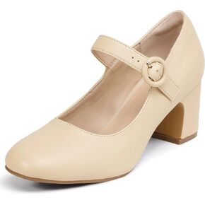 IDIFU IN3 Mary Jane Pumps Closed Toe Heels Low Short Chunky Block Dress Shoes for Women Wedding Bridal Flight Attendant Heels Formal Cute Round Toe Vintage Small Thick Pumps Heels with Round Buckle