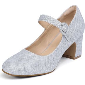 IDIFU IN3 Mary Jane Pumps Closed Toe Heels Low Short Chunky Block Dress Shoes for Women Wedding Bridal Flight Attendant Heels Formal Cute Round Toe Vintage Small Thick Pumps Heels with Round Buckle
