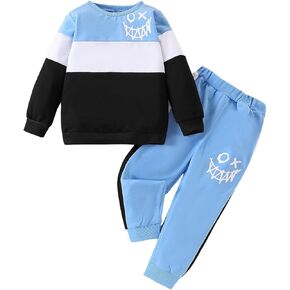 Toddler Baby Boy Clothes Cartoon Face Print Colour Blocking Sweatshirt + Sweatpants Outfits Set