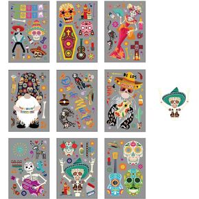 Day of The Dead Stickers, Day of The Dead Charm Mexican Skull Guitar Static Window Clings, 9 Piece Set, PVC Party Shop Window Decorations