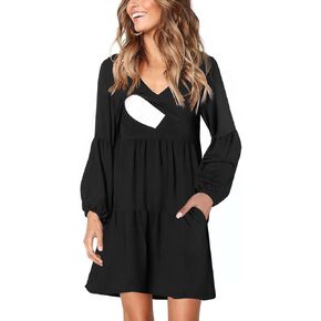 Women's Maternity Nursing Dress Ruffle Lantern Long Sleeve V Neck Breastfeeding with Pockets