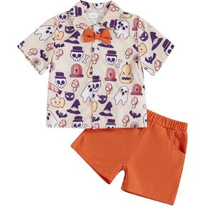 Rtnnsbbfcm Toddler Baby Boy Halloween Outfit Short Sleeve Bow Tie Pumpkin Ghost Button Down Shirt Top Shorts 2Pcs Set