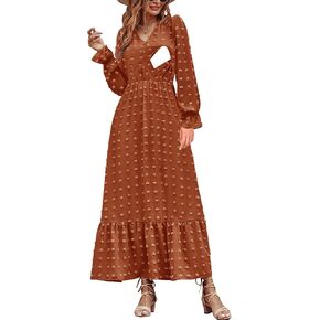Women Nursing Boho Maxi Dress 2024 V Neck Swiss Dot Smocked High Waisted A-Line Ruffle Tiered Long Dress with Pockets