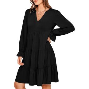 Glamaker Womens Long Lantern Sleeve Fall Dress 2024 Casual V Neck Ruffle Tiered Tunic Dress Swing Flowy Shift Mini Dress