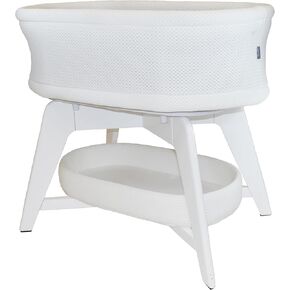 Evi Smart Baby Bassinet - Beside Sleeper with Auto-Glide & Sensory Sounds, Compatible with Alexa and Google Home - Includes 2 Bamboo Sheets (Soft White W/Natural Legs)