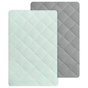 TILLYOU Pack n Play Sheets Pad 2 Pack - Thick Crib Sheets Pad, Soft Quilted Sheets with 1''-3'' Deep Pocket, Breathable Fluffy Crib Mattress Pad, 39"x27", Sage Green & Charcoal Gray