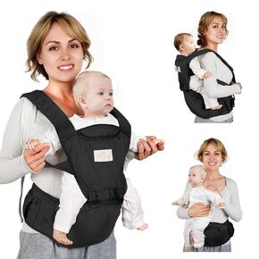 Baby Carrier, 6-in-1 Baby Carrier Newborn to Toddler, Front and Back Toddler Carrier One Size Fits All, Adjustable with Hip Seat for Newborn, Infant & Toddler, Black