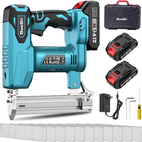 Seesii Nail Gun Battery Powered – Cordless Nail Gun with 4Ah Battery for Carpentry, Framing, and DIY Projects, 18 Gauge, 2×21V MAX Li-ion Batteries, Charger and 1000 Brad Nails Included in Saudi Arabia