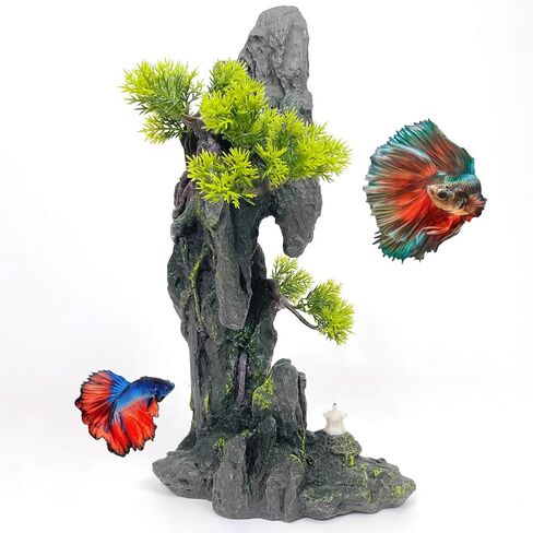 Aquarium Decoration Large and Tall for Fish Tank Rock Thematic Ornaments Aquarium Mountain View Stone Ornaments Aquarium Decor Tree House Cave Fish Tank Decorations - Large in Kuwait