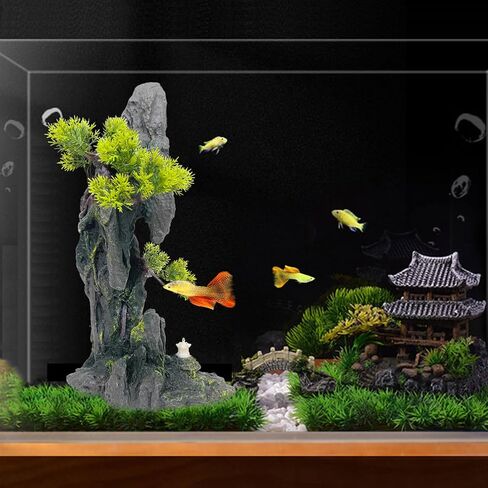 Aquarium Decoration Large and Tall for Fish Tank Rock Thematic Ornaments Aquarium Mountain View Stone Ornaments Aquarium Decor Tree House Cave Fish Tank Decorations - Large in Kuwait