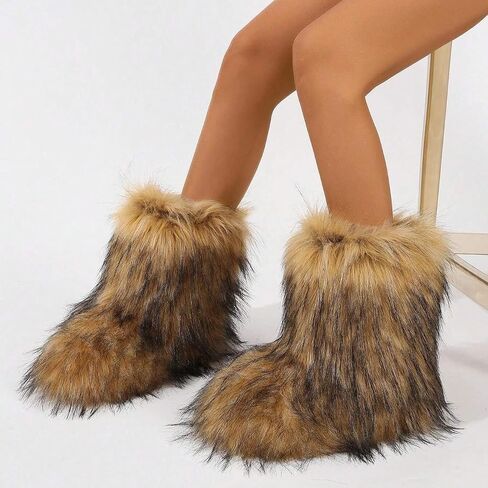 حذاء ثلج مريح من الفرو الصناعي للنساء، حذاء ثلج منفوش بالفراء لمنتصف الساق، دافئ ومريح، مثالي للطقس البارد in Saudi Arabia