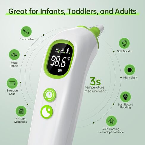 ميزان حرارة الأذن للأطفال والرضع والكبار، ميزان حرارة عالي الدقة للأطفال مع 32 ذاكرة استدعاء، إضاءة خلفية LED، كتم الصوت وإضاءة ليلية، 21 غطاء مسبار للاستعمال مرة واحدة، صندوق تخزين in Kuwait