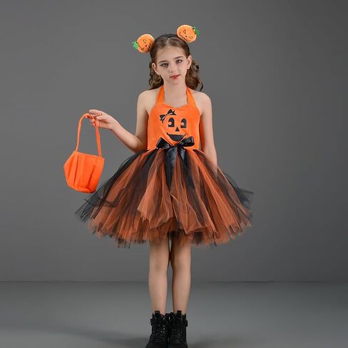 Orange Pumpkin Halloween Dress for Girls Halter Puffy Layered Tulle Tutu Toddler Kids Velvet Scary Party Sundress in Saudi Arabia