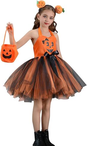 Orange Pumpkin Halloween Dress for Girls Halter Puffy Layered Tulle Tutu Toddler Kids Velvet Scary Party Sundress in Saudi Arabia