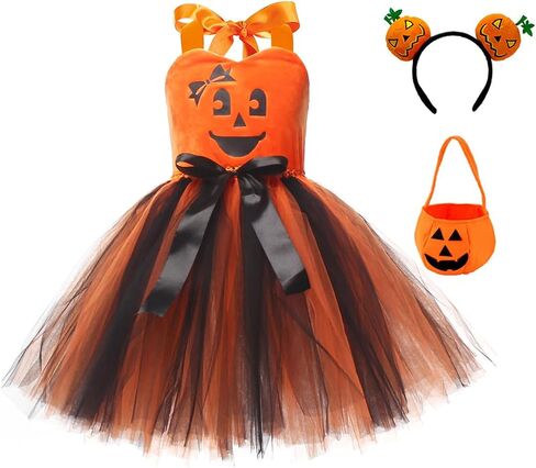 Orange Pumpkin Halloween Dress for Girls Halter Puffy Layered Tulle Tutu Toddler Kids Velvet Scary Party Sundress in Saudi Arabia