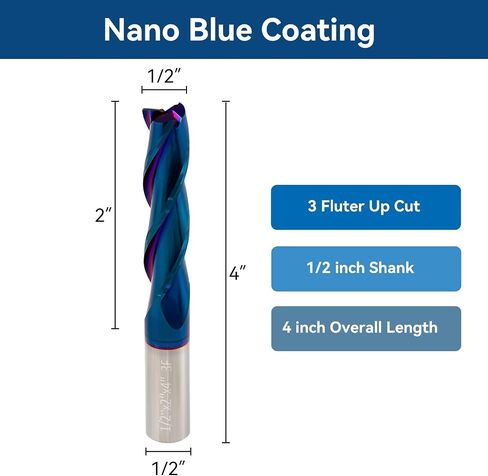 2 PCS Spiral CNC Router Bits 1/2 inch Shank 3 inch Total Length 3 Fluter Up Cut End Mill with Nano Blue Coating Solid Carbide Square End Mill for Wood Mortises Carving in Saudi Arabia