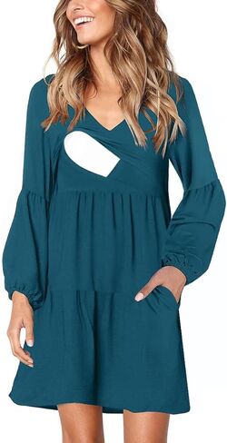 Women's Maternity Nursing Dress Ruffle Lantern Long Sleeve V Neck Breastfeeding with Pockets in Kuwait