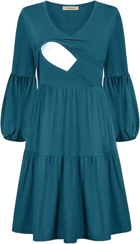 Women's Maternity Nursing Dress Ruffle Lantern Long Sleeve V Neck Breastfeeding with Pockets in Kuwait