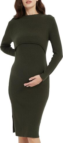 Womens Ripe Maternity Nella Rib Nursing Knit Dress 2024 Solid Fitted Long Sleeve Crew Neck Pregnancy Fall Sweater in Saudi Arabia