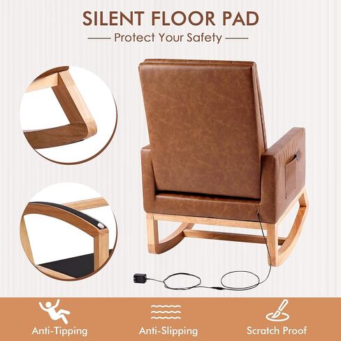 VECELO Leather Rocking Chair Nursery Glider Accent Rocker Modern Upholstered High Back USB Port and Side Pocket Armchair, Wood Legs for Living Room Bedroom Study in Saudi Arabia