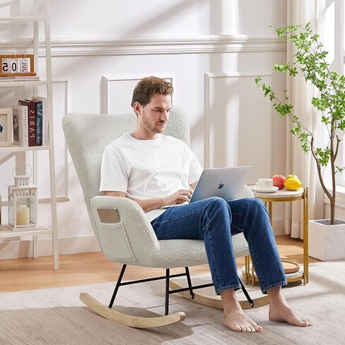 VECELO Leather Rocking Chair Nursery Glider Accent Rocker Modern Upholstered High Back USB Port and Side Pocket Armchair, Wood Legs for Living Room Bedroom Study in Saudi Arabia