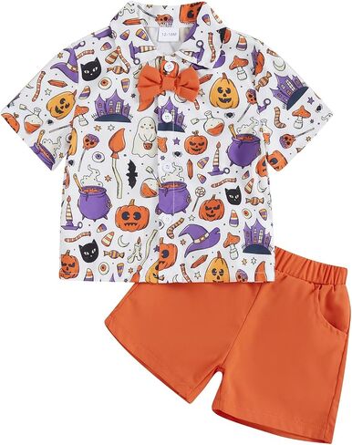 Rtnnsbbfcm Toddler Baby Boy Halloween Outfit Short Sleeve Bow Tie Pumpkin Ghost Button Down Shirt Top Shorts 2Pcs Set in Saudi Arabia