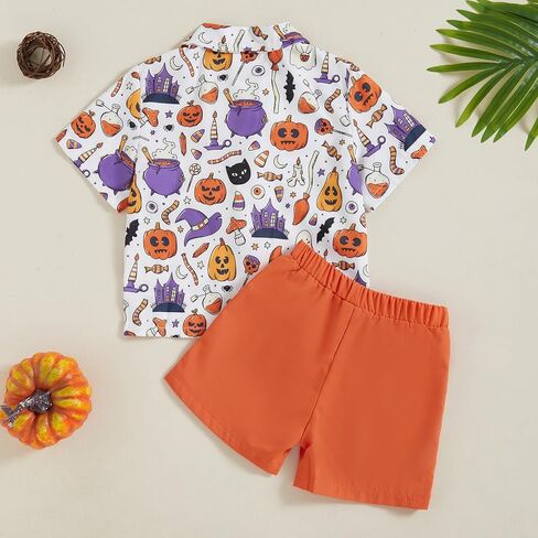 Rtnnsbbfcm Toddler Baby Boy Halloween Outfit Short Sleeve Bow Tie Pumpkin Ghost Button Down Shirt Top Shorts 2Pcs Set in Saudi Arabia